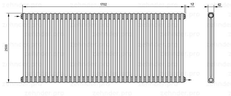 Схема (чертеж) Радиатор Zehnder Charleston 2250/37 №1670 Белый глянцевый RAL 9016